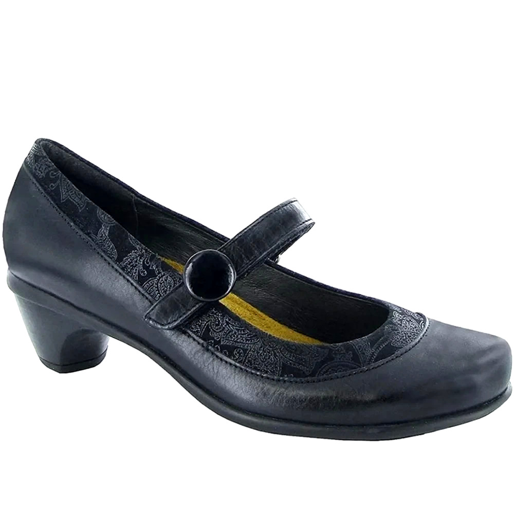 Naot Trendy Mary Jane Pump Black Leather Round Toe Suede trim Block Heel 41 10